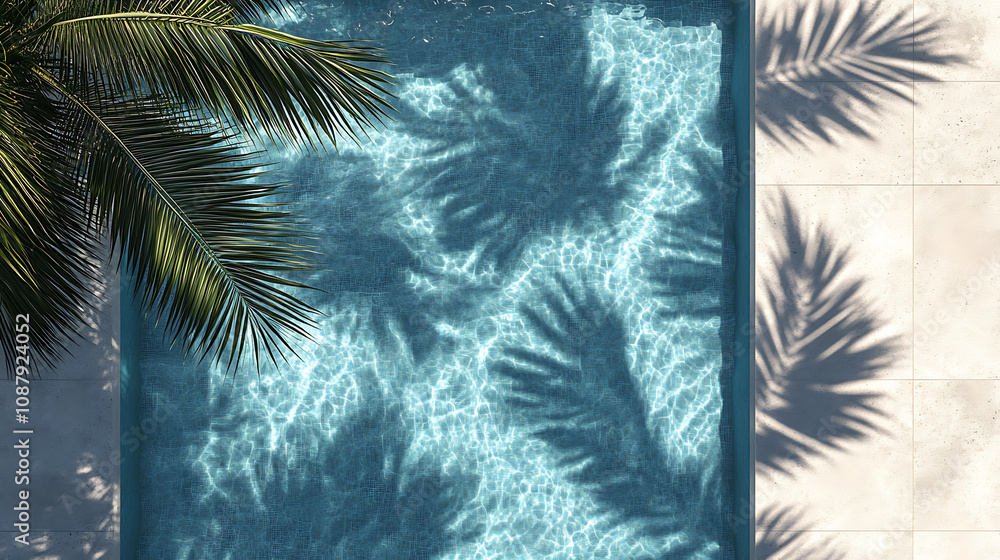 Aufkleber An overhead view of a luxurious swimming pool with the shadow of a palm cast on the water, creating a tropical background ideal for product placement on a podium mockup