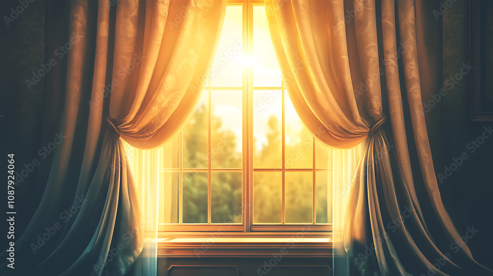 Poster curtains drape over a window brightly illuminated from behind