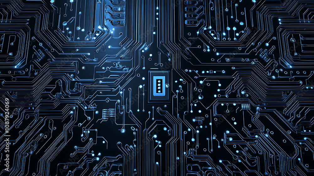 Poster Abstract blue technology background with a circuit board pattern and dots on a dark blue banner for web design, a digital tech