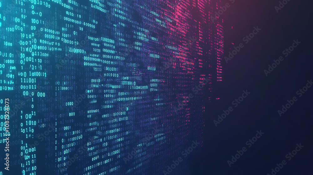 Poster Abstract data visualization background data flow concept with binary code and stripes in blue green red colors on dark navy blue gradient background