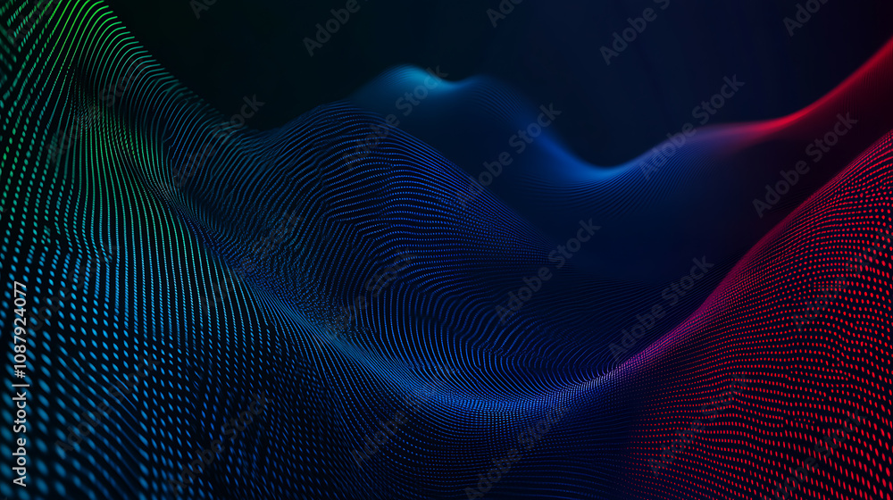 Poster Abstract data visualization background data flow concept with binary code and stripes in blue green red colors on dark navy blue gradient background