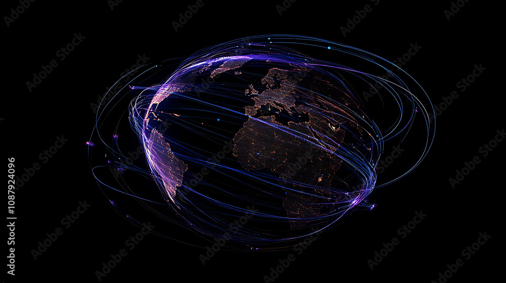 Aufkleber glowing blue and purple lines orbit around the globe, representing global connectivity and technolog