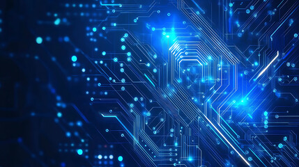 Abstract blue technology background with a circuit board pattern and dots on a dark blue banner for web design, a digital tech