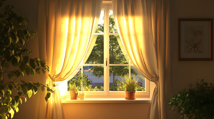 Obraz premium Curtains over a window brightly lit from the exterior