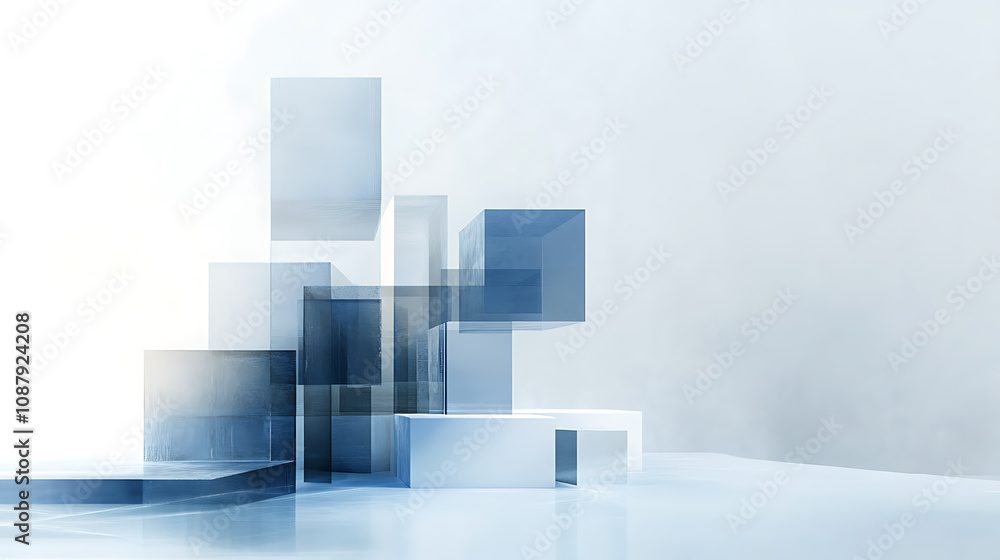 Poster a white background with blue and gray geometric shapes, representing the digital transformation of c