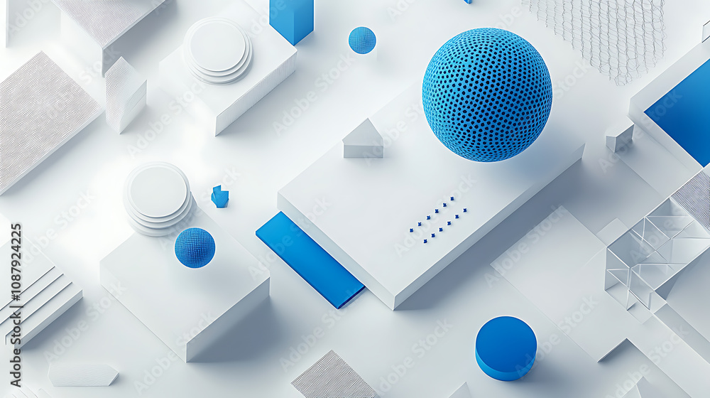 Poster a white background with blue and gray geometric shapes, representing the digital transformation of c