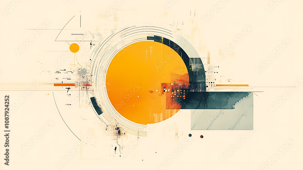 Poster a yellow circle with an abstract design of various shapes and lines around it, representing data or 