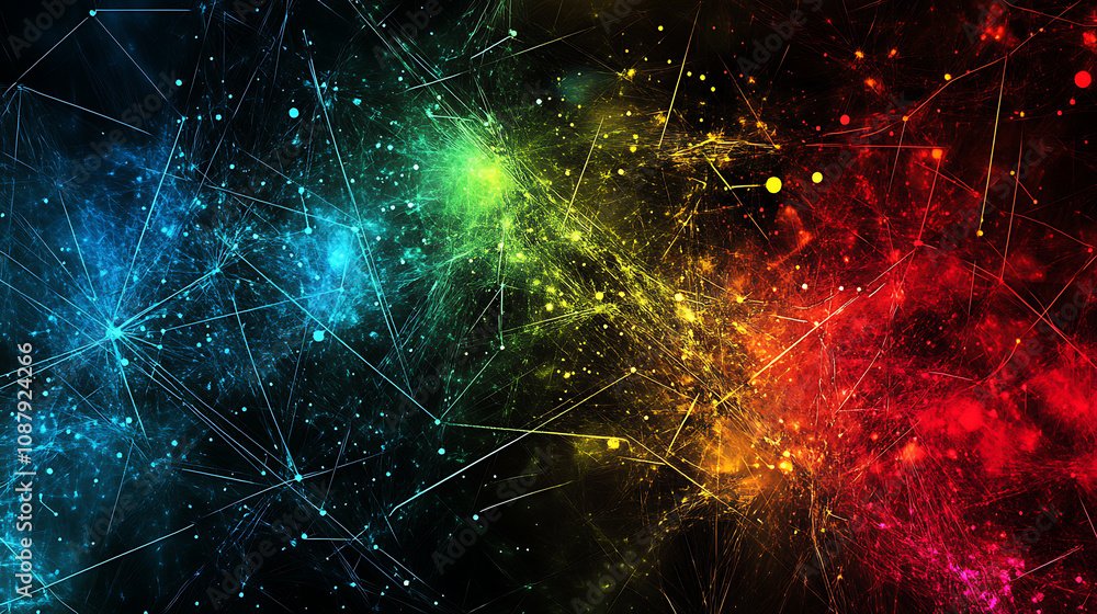 Poster abstract digital background with lines and dots in blue, red and green colors on a dark background
