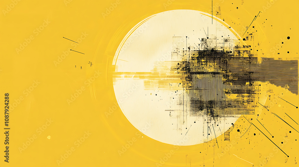 Poster a yellow circle with an abstract design of various shapes and lines around it, representing data or 
