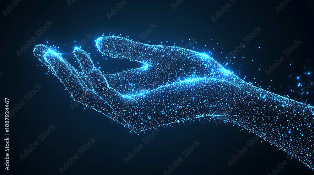 Leinwandbilder abstract digital wave dots background with gradient color and hand shape technology concept design f