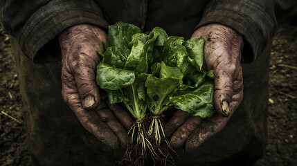 Close-up view of farmer holding and collecting green lettuce leaves with roots