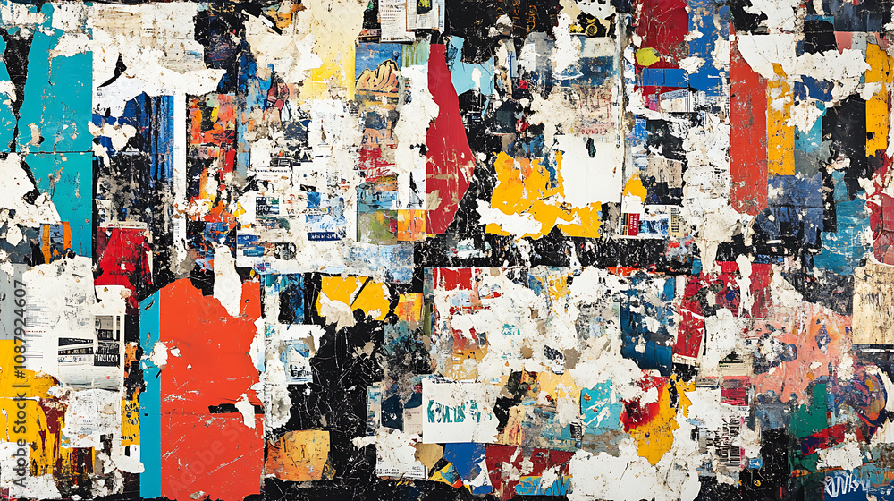 Poster an abstract background created from old, torn street posters, featuring a diverse range of textures 