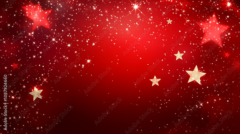 Poster Red background, starry lines and circles with glowing stars on the edges of the red gradient background, red background