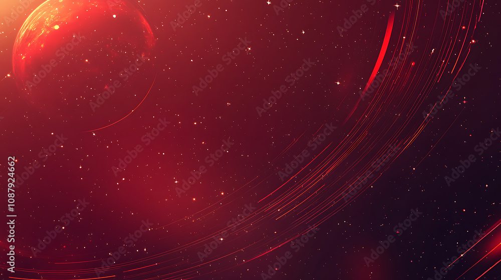 Leinwandbilder red background, starry lines and circles with glowing stars on the edges of the red gradient backgro