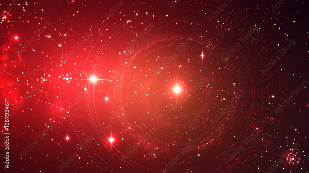 Leinwandbilder red background, starry lines and circles with glowing stars on the edges of the red gradient backgro