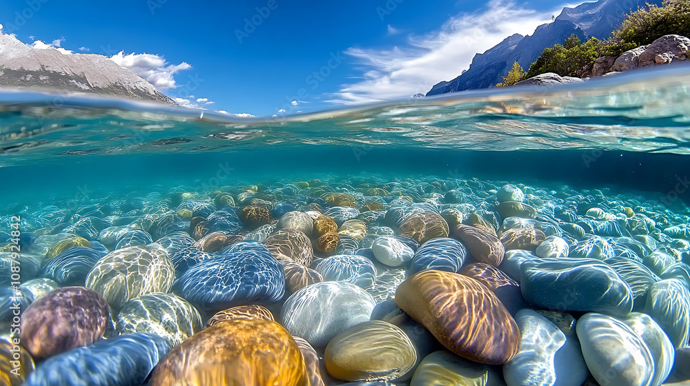 Poster smooth multi-colored pebbles are visible under clear water