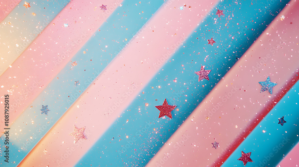 Poster the background features diagonal pink and blue gradient stripes, sparkles and stars in the shiny, br