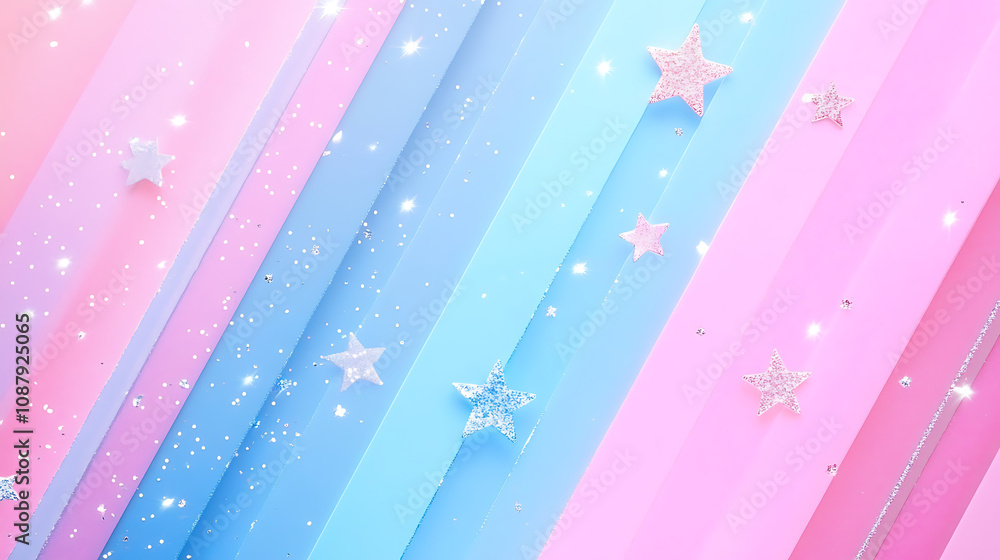 Poster the background features diagonal pink and blue gradient stripes, sparkles and stars in the shiny, br