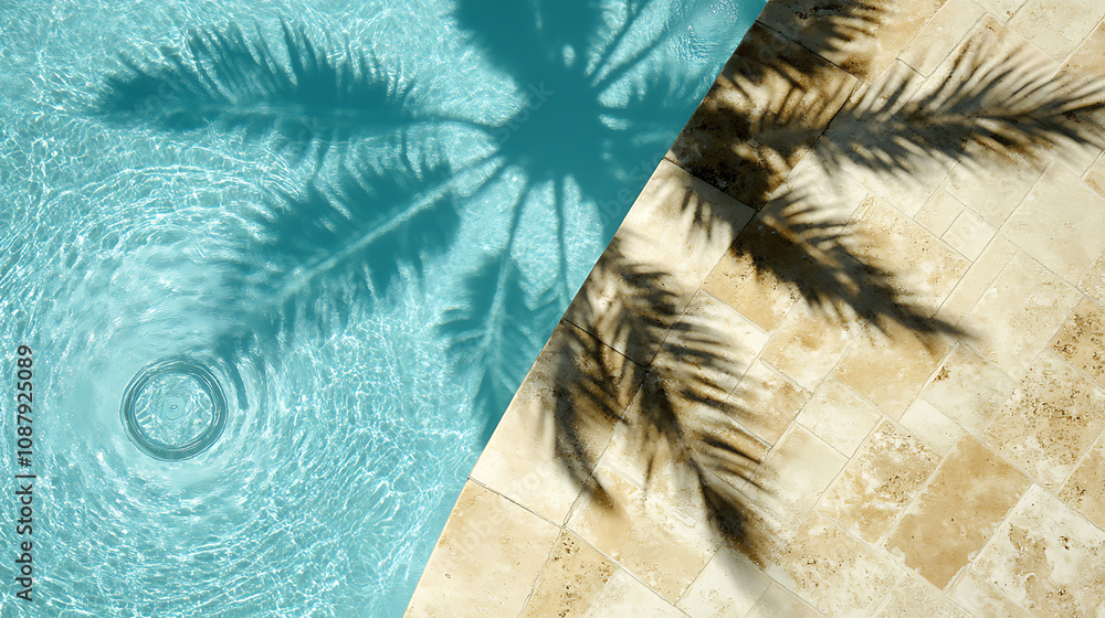Aufkleber top-down view of a swimming pool background, with a water ring and the shadow of a palm on travertin