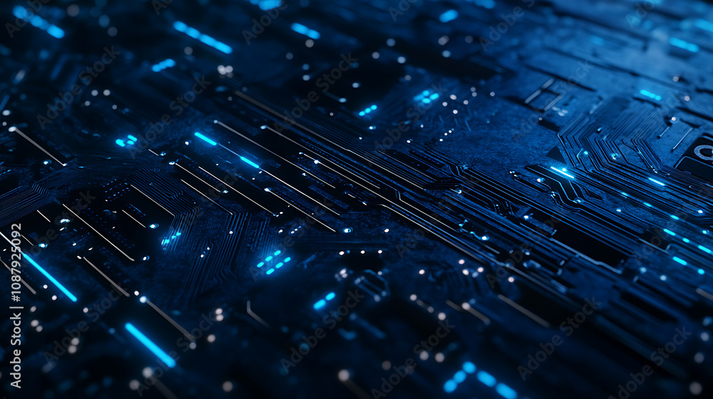 Poster abstract futuristic blue glowing light ring with digital circuit background