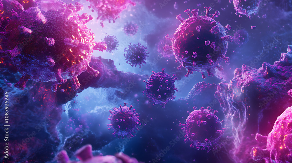 Aufkleber Abstract bacteria and viruses in various shapes colorful microbiology background 3d illustration