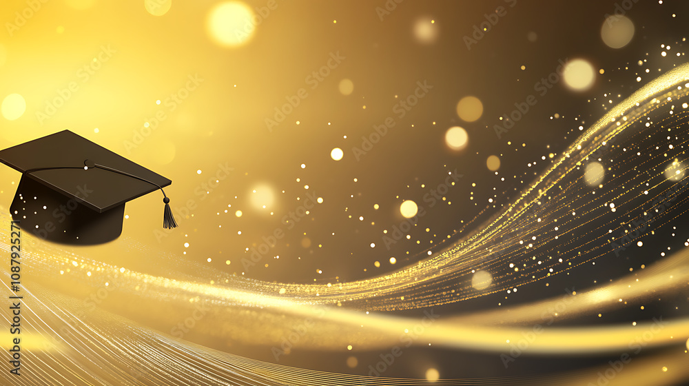 Poster Elegant gold background with wave lines and blurred bokeh lights, featuring an illustration of black graduation cap on the left side