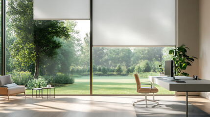 Fototapeta premium White curtain or blinds serving as sun protection in an office with a view of the garden