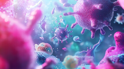 Fototapeta premium Abstract bacteria and viruses in various shapes colorful microbiology background 3d illustration