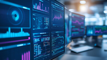 Obraz premium High-tech control room with monitors showing data analysis