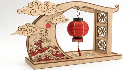 S and Lanterns A charming wooden s elegantly wrapped around a red lantern creating a festive atmosphere. The design features delicate carvings of clouds and waves on the s.