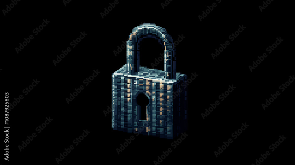 Poster The padlock is made of binary code, with a black background in the pixel art style