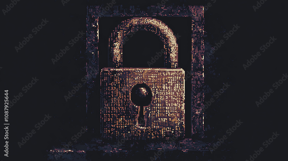 Poster the padlock is made of binary code, with a black background in the pixel art style