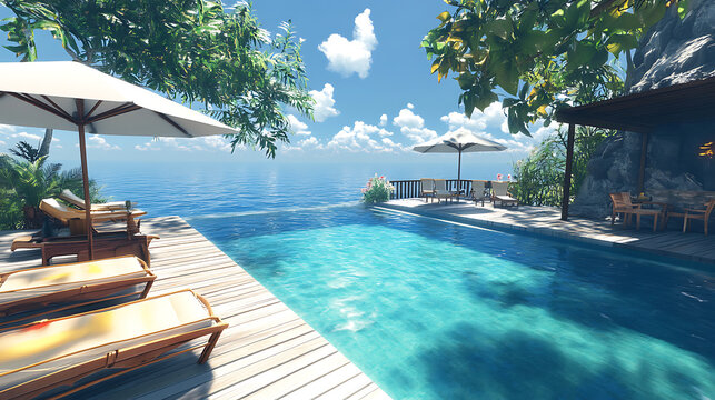 Relaxing by the pool during summer vacation, with a veranda equipped with deck chairs and an umbrella, all overlooking the ocean