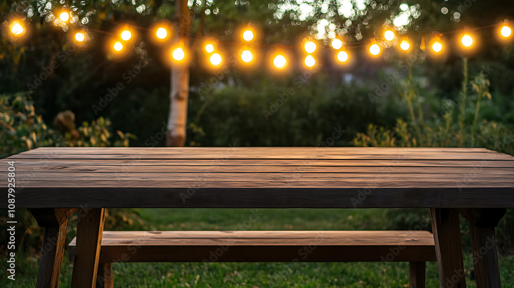 Poster wooden table with string lights and bench in park background, banner template for summer party or ev