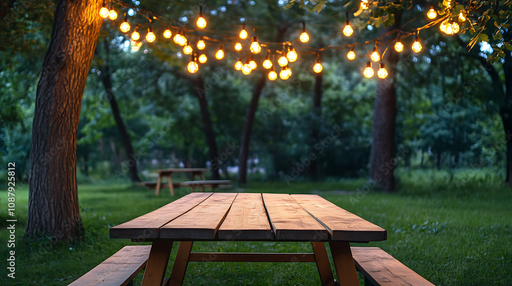 Poster wooden table with string lights and bench in park background, banner template for summer party or ev