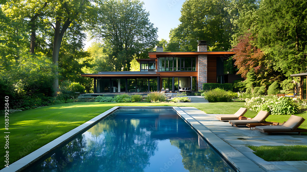 Aufkleber the backyard of a modern home featuring a swimming pool as a highlight of the property