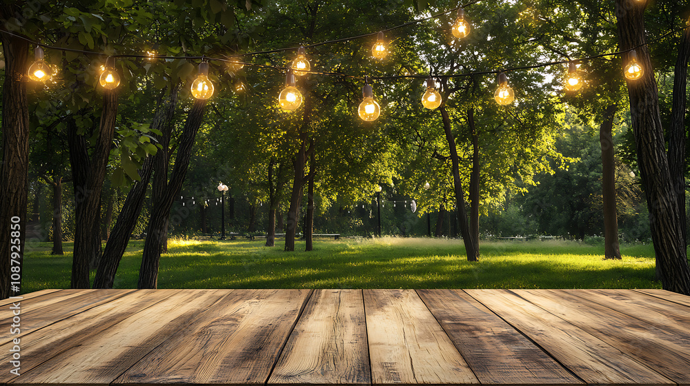 Aufkleber A wooden table with a blurred background of palm trees and the sea, creating an exotic summer concept
