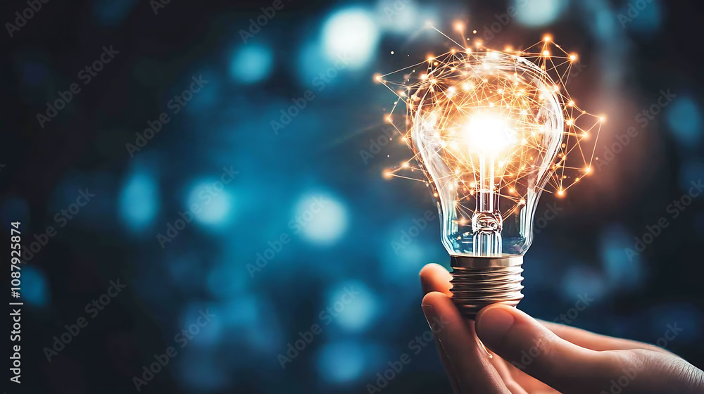 Aufkleber the hand holds a light bulb with glowing digital network connections shining bright against a dark b