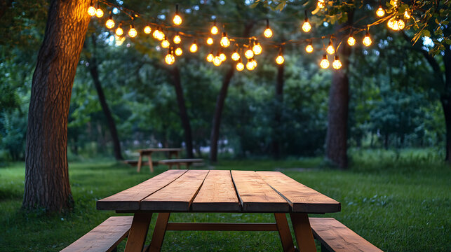 Wooden table with string lights and bench in park background, banner template for summer party or event