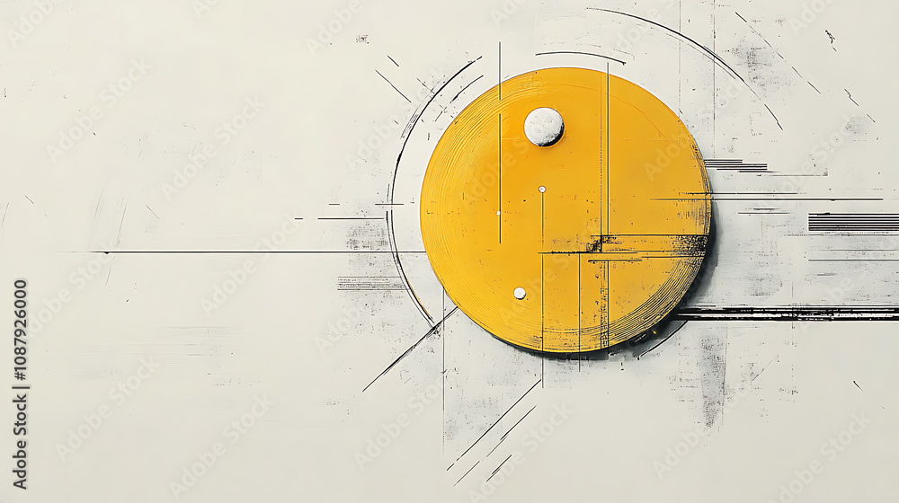 Poster a yellow circle with line art on a grey background with white space around the circles, tech and dig