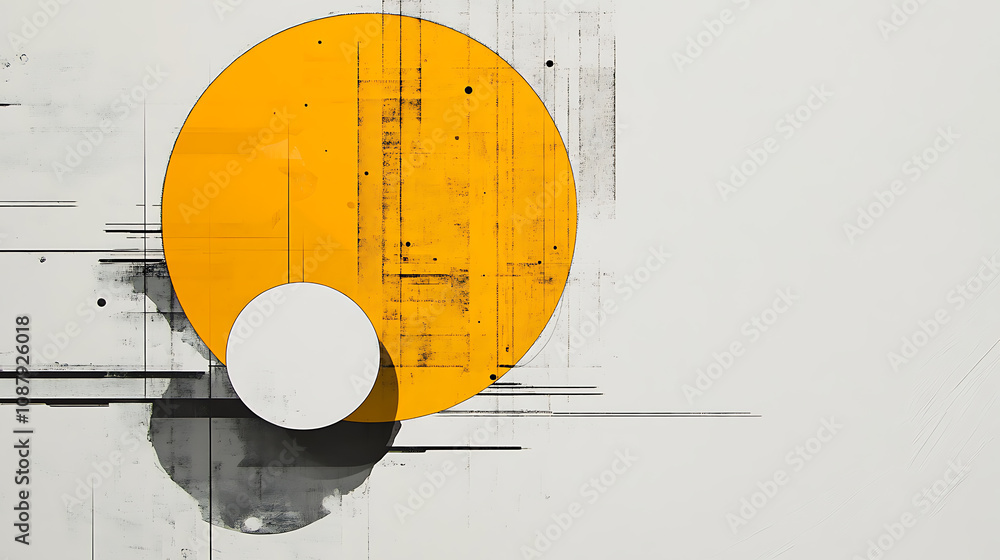 Fototapete a yellow circle with line art on a grey background with white space around the circles, tech and dig