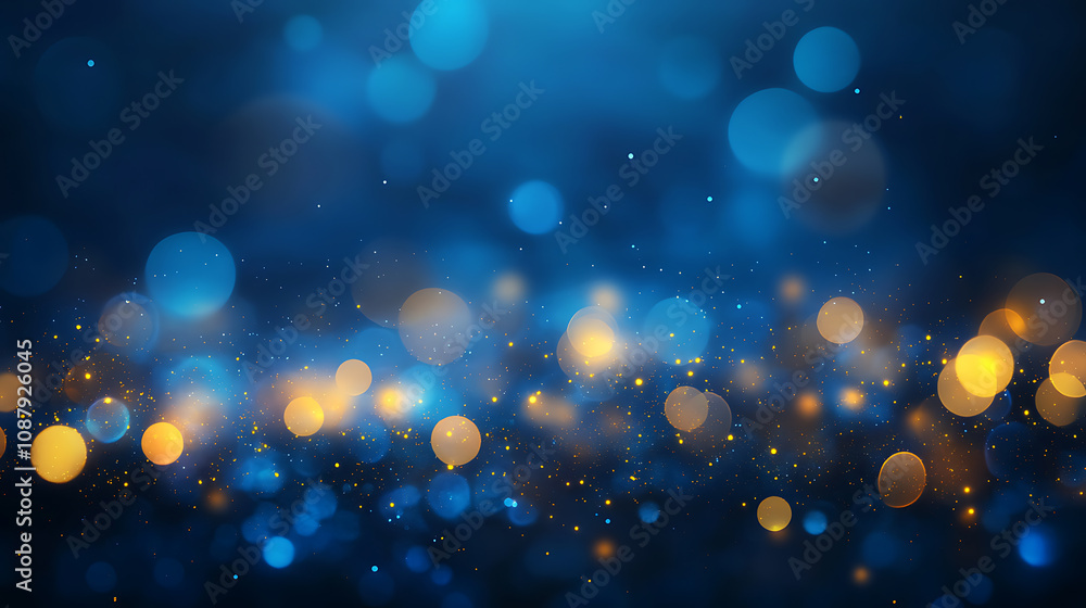 Poster abstract dark blue background with shimmering gold particles and bokeh lights