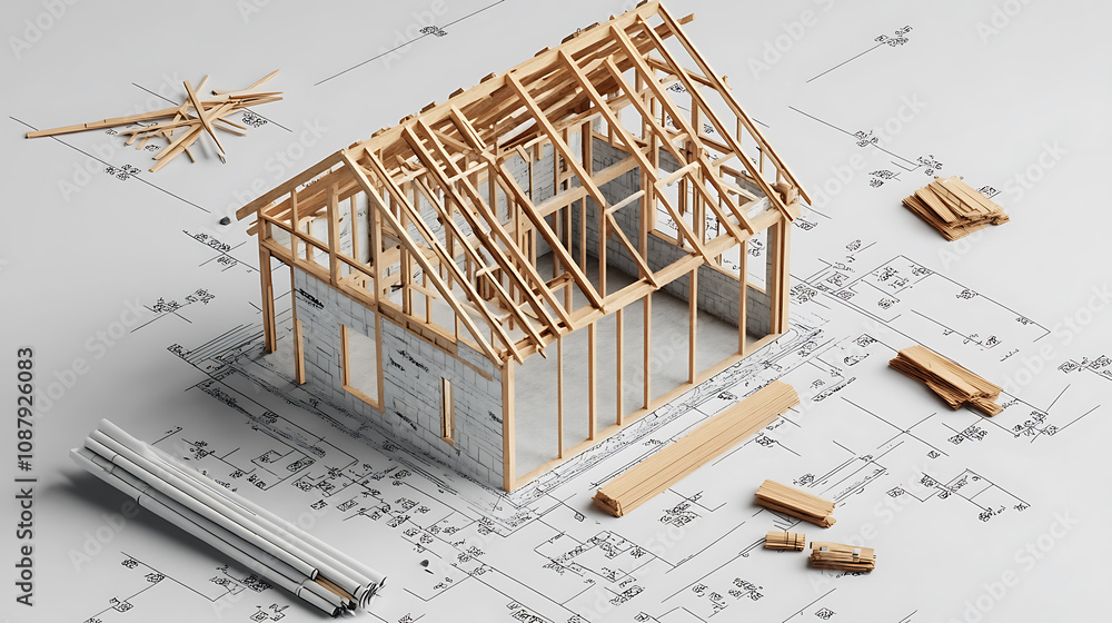 Aufkleber Blueprint plans and 3d model of house under construction digital architecture concept