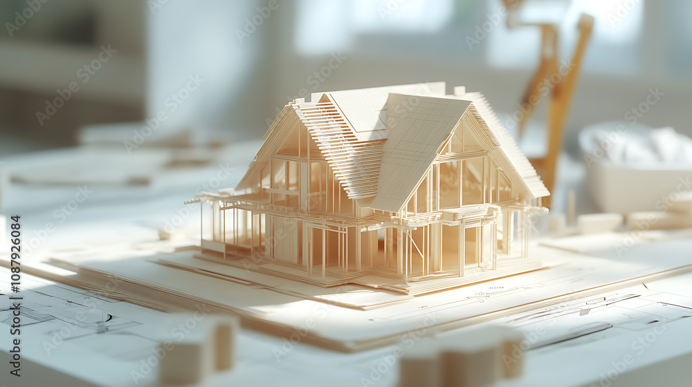 Aufkleber blueprint plans and 3d model of house under construction digital architecture concept