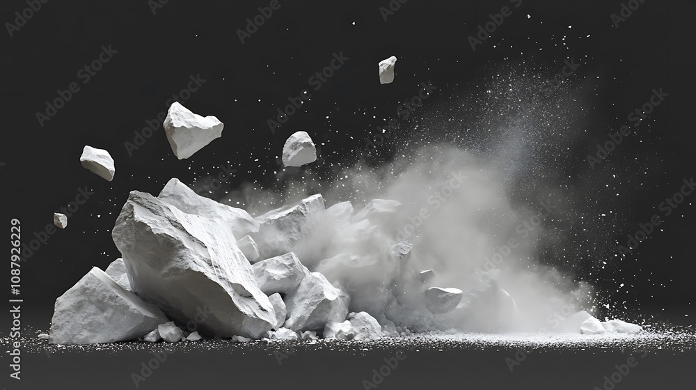 Poster abstract rock explosion white stone fragments dust particles dynamic texture background digital illu