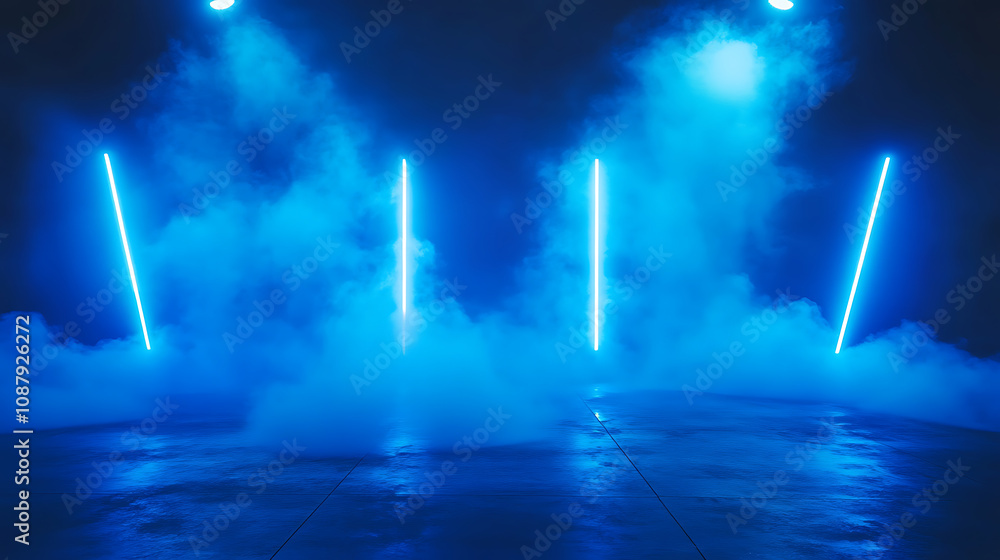 Aufkleber empty dark stage with blue neon lights spotlights and smoke for product display abstract background