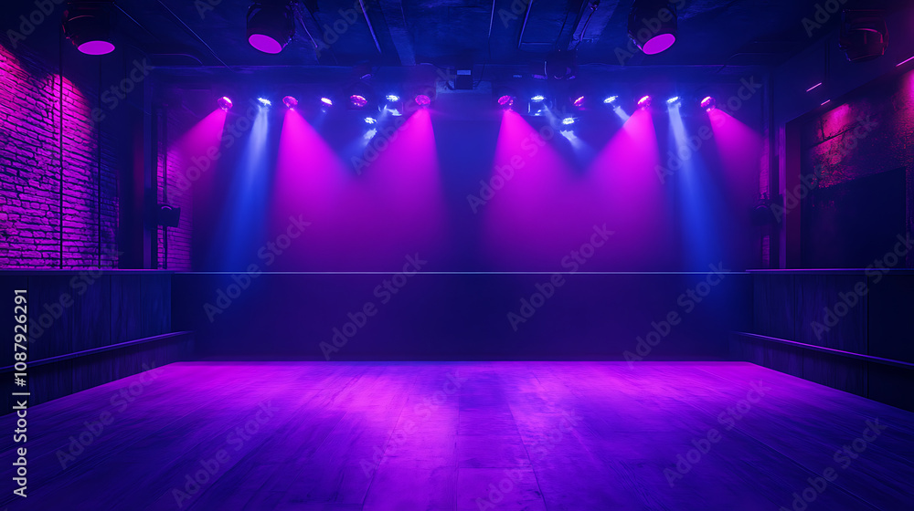 Poster empty nightclub stage with spotlights and dark blue background 3d rendering