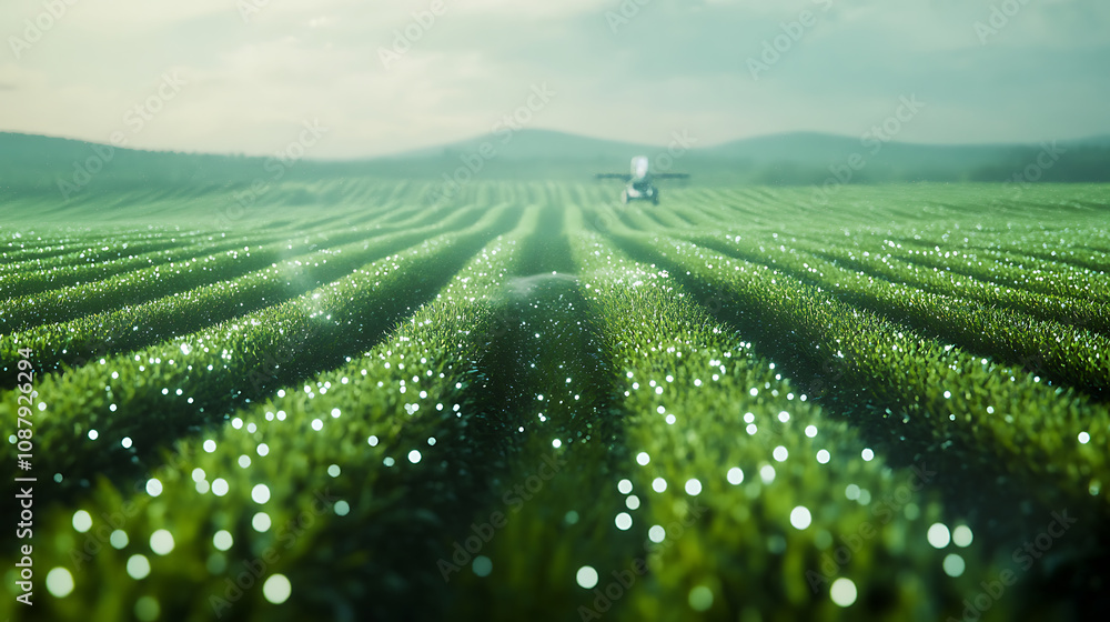 Poster aipowered precision agriculture system optimizing crop yields in lush green field futuristic farming