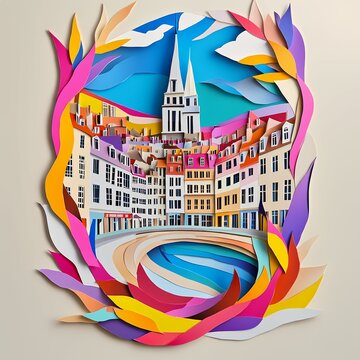 Drancy, France, paper cut illustration - A paper cut of a city with a river