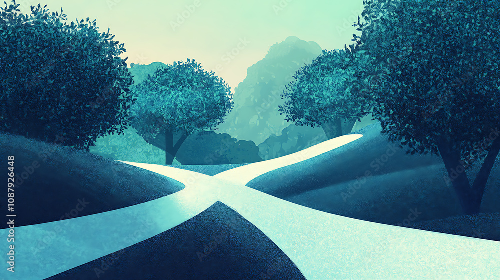 Poster Fork in the road symbolizing a crucial decision point diverging paths representing opportunity change and the dilemma of choosing the right direction conceptual digital illustration